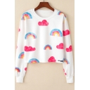 New Stylish Cute Cloud Rainbow Pattern Round Neck Long Sleeve Cropped White Sweatshirt