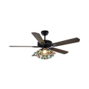 Hotel Bell LED Semi Flushmount Light Wood 5 Blade 4 Heads Tiffany Brown Ceiling Fan with Pull Chain