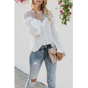Womens Sexy Hollow Lace Panel Round Neck Long Sleeve Ruffled Hem White Blouse Top
