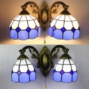 Blue Dome Wall Sconce with Pull Chain 2 Lights Tiffany Style Glass Wall Light for Bedroom