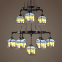 Stained Glass House Shade Chandelier 2-Tier 10 Lights Tiffany Style Antique Hanging Lamp for Bar