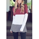 Women's Color Block Stripe Lace Patched Round Neck Long Sleeve Tee