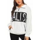REALIST Letter Print Patchwork Zip Up Front Lapel Collar Long Sleeve Two Pockets White Loose Fit Pullover Sweatshirt