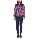 Fashion Halloween Floral Print Contrast Trim Round Neck Long Sleeve Navy Loose Fit Pullover Sweatshirt