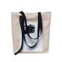 Fashion Color Block Flag Printed Ribbon Embellishment Beige Canvas Shoulder Bag 36*9*38 CM