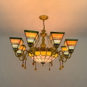 9 Lights Pyramid Chandelier with Crystal Tiffany Style Stained Glass Pendant Light for Dining Room