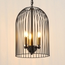 Candle Shape Balcony Chandelier with Birdcage 3 Lights Rustic Style Hanging Light in Black