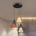 Industrial Pendant Light with Wire Frame Diamond 3 Lights Metal Ceiling Fixture for Dining Room