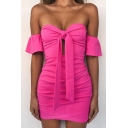 Womens Solid Color Sexy Off the Shoulder Knotted Cutout Front Rose Red Mini Bodycon Dress