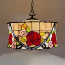 Restaurant Rose Pendant Light with Grid Drum Stained Glass 3 Lights Tiffany Rustic Hanging Light