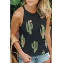 Summer Cute Cactus Pattern Sleeveless Relaxed Loose Black Cami Top