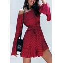Summer Stylish Red Polka Dot Printed Off the Shoulder Flared Long Sleeve Tied Waist Mini A-Line Ruffle Dress