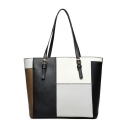 Women's Stylish Color Block Large Capacity PU Leather Shoulder Tote Bag for Work 31*12*28 CM