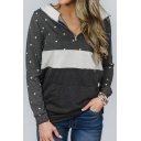 Trendy Polka Dot Printed Color Block Half-Zip Grey Hoodie for Women