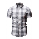 New Trendy Plaid Printed Basic Short Sleeve Button Up Slim Fit Shirt for Men