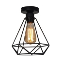 One Head Diamond Cage Flush Ceiling Light Vintage Style Iron Ceiling Lamp in Black for Cafe Corridor
