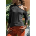 Womens Fashion Cold Shoulder Long Sleeve Simple Solid Color T-Shirt