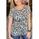 Summer Trendy Leopard Printed Round Neck Short Sleeve Crisscross Hollow Back Slim Fit T-Shirt