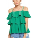 Emerald Green Simple Plain Cold Shoulder Spaghetti Straps Layered Ruffle Blouse Top for Women