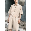 Summer Unisex Simple Plain Button Front Belted Waist Casual Work Rompers Shorts