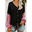 New Stylish Patched Long Sleeve V-Neck Knotted Hem Button Down Casual Tee