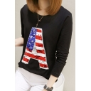 Sequin Letter A Print Round Neck Long Sleeve Loose Fit T-Shirt