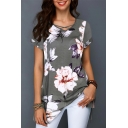 Fashion Street Style Cross V-Neck Short Sleeve Floral Print Tunic Grey Tee For Women