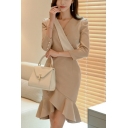 Women's Trendy Plain V-Neck Long Sleeve Ruffle Hem Midi Sheath Apricot Dress