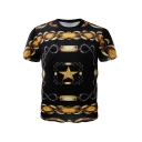 Cool Gold Chain 3D Printed Round Neck Short Sleeve Black T-Shirt for Men