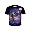 Purple Galaxy Funny Space Dancing Astronaut Printed Short Sleeve T-Shirt