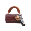 Stylish Crocodile Pattern Letter Ribbon Plush Ball Embellishments Plush Handle Satchel Handbag 21*6*12 CM
