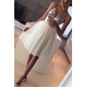 Womens New Trendy Silver Sequined Patched Top Sexy V-Neck Midi White Tulle Cami Dress