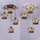 Villa House Shade Ceiling Pendant Stained Glass 4 Lights Tiffany Antique Suspension Light