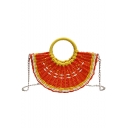 New Stylish Colorblock Straw Beach Bag Ring Handbag Tote Bag with Chain Strap 28*8*17 CM