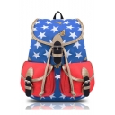 Fashion Classic Colorblock Stars Printed Double Pockets Front Blue Drawstring Travel Bag School Backpack