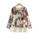 Summer Popular Tropical Leaf Print Round Neck Long Sleeve Casual Loose Chiffon Blouse Top