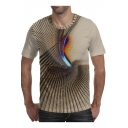Mens Stylish Unique Whirlpool 3D Printed Round Neck Short Sleeve Khaki T-Shirt