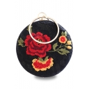 Fashion Vintage Floral Embroidery Pattern Lace Patched Black Round Clutch Handbag