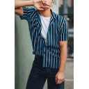 Guys Summer Cool Vertical Stripe Print Short Sleeve Casual Loose Button Shirt