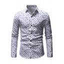 Mens Stylish Polka Dot Printed Spread Collar Long Sleeve Button Front Slim Formal Shirt