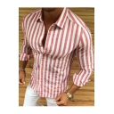 Guys Stylish Classic Vertical Stripe Print Long Sleeve Spread Collar Fitted Shirt