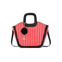 Women's Fashion Stripe Printed Pearl Flower Embellishment Portable Satchel Shoulder Bag 38*12*25 CM