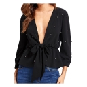 Women's Chic Beading Embellished Sexy Plunging V-Neck Long Sleeve Bow-Tied Front Blouse Top