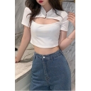 Summer Vintage Frog Button Stand Collar Sexy Cutout Short Sleeve White Plain Crop Tee