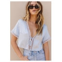 Summer Chic Lace-Trimmed Tied V-Neck Short Sleeve Casual Cropped T-Shirt Top