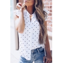Summer Trendy Polka Dot Printed Flutter Sleeve Button Down White Shirt Blouse