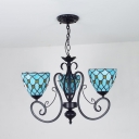 Tiffany Style Blue Hanging Light Bowl Shade 3 Lights Glass Chandelier for Hotel Study Room