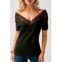 Hot Fashion Plain V-Neck Short Sleeve Lace Patch Black T-Shirt For Women