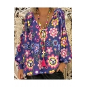 Women's V Neck Bubble Sleeve Floral Print Loose Tee