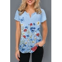 Women's V-Neck Short Sleeve Floral Print Tunic Loose Blue T-Shirt